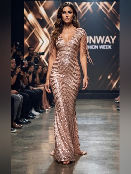 Dresses & Skirts - Gold, Chevron Print, Sequined Mermaid Gown, Custom Handmade
